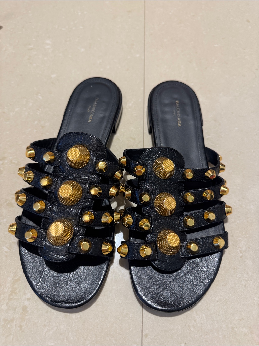 Balenciaga Black Leather Slide Mules With Gold Stud Accents